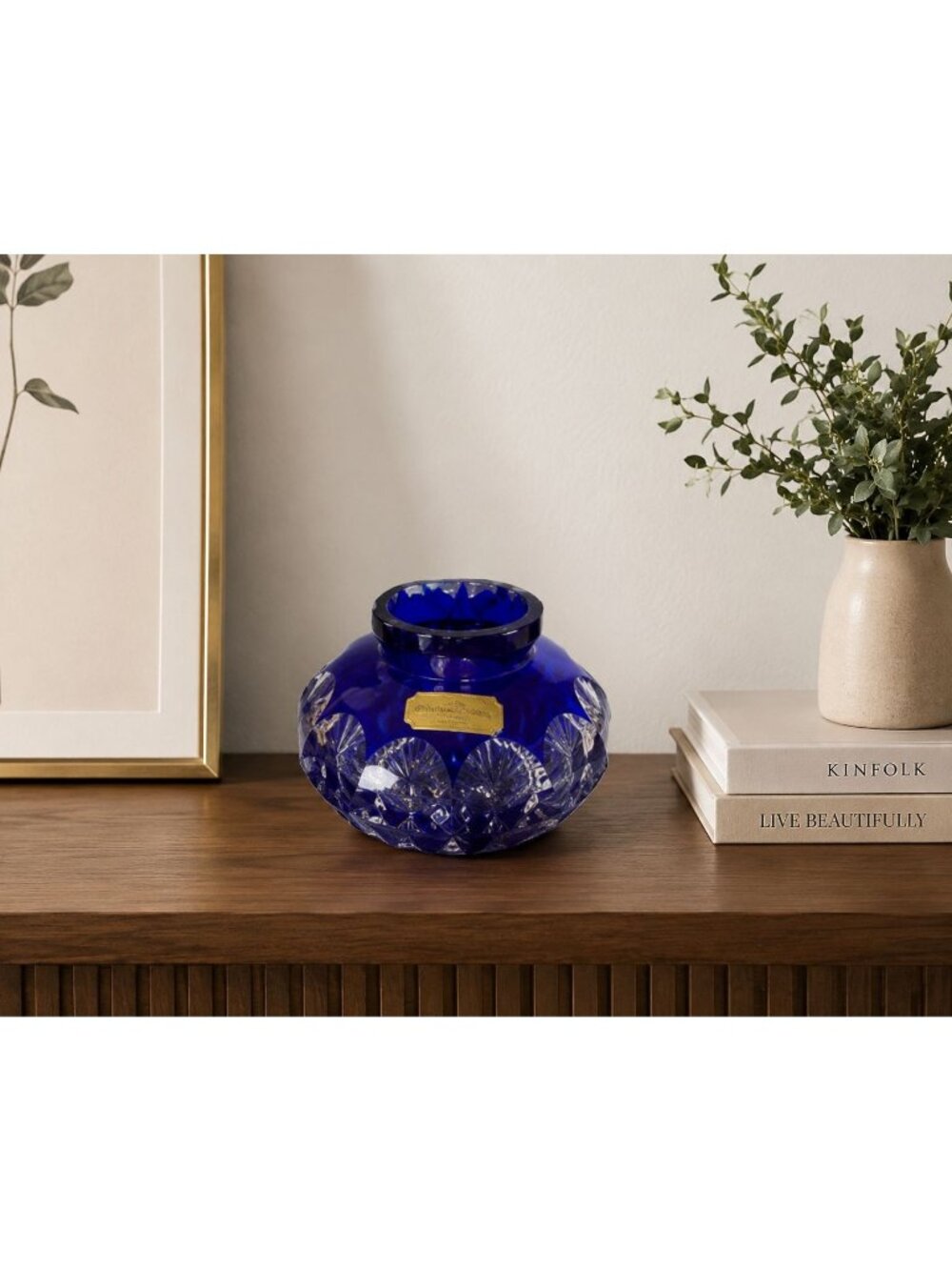 Vintage Cobalt Blue Cut to Clear Lead Crystal Rose Bowl Vase Germany 5" - Picture 1 of 9